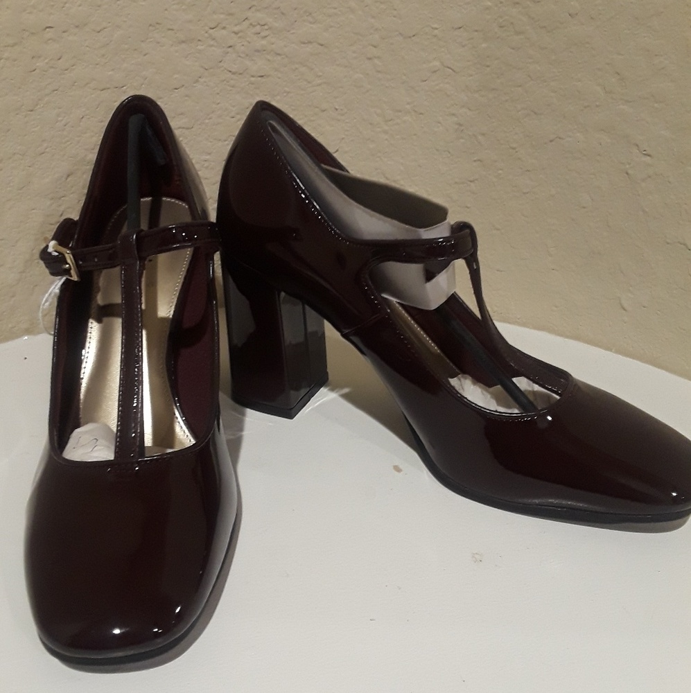 Burgundy patent leather T-strap heel